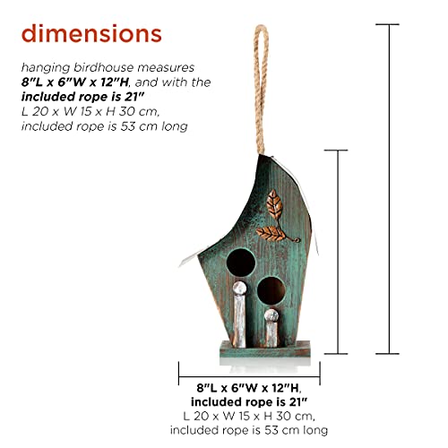 Alpine Corporation YEN134HH-TUR Wooden Birdhouse Outdoor Decor for Garden, Patio, Deck, Porch, 8"L x 6"W x 12"H with Rope: 21”H, Turquoise Alpine Corporation