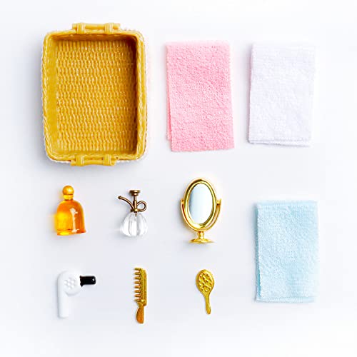1:12 Scale Mini Bath Basket Set with Towel Mirror Comb Perfume Miniature Lace Basket for Miniature House Bathroom Scene Decoration Accessories