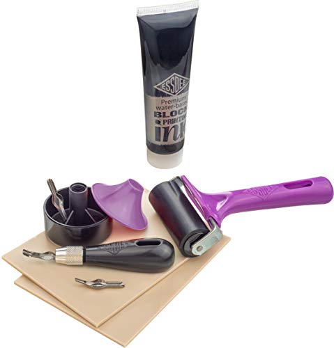 ESSDEE Block Printing Essentials Kit Includes 2 Ink Rollers, 3 Lino Cutters, Lino Handle, Printing Ink and Carving Block || Used in Art, Craft and