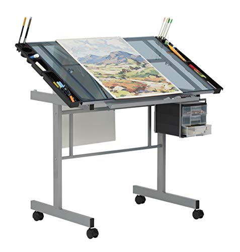 Studio Designs Vision Craft and Drawing Station - 35.5" W by 23.75" D Silver-Blue Glass Top Drafting Table with Pencil Drawers, Side Trays, & SD Studio Designs