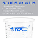 TCP Global 32 Ounce (1000ml) Disposable Flexible Clear Graduated Plastic Mixing Cups - Box of 25 Cups - Use for Paint, Resin, Epoxy, Art, Kitchen, TCP Global