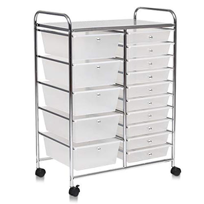 Giantex 15 Drawer Rolling Storage Cart Tools Scrapbook Paper Office School Organizer, Clear - WoodArtSupply