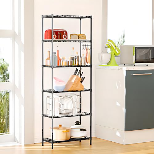 Homdox 6-Tier Storage Shelf Wire Shelving Unit Free Standing Rack Organization Adjustable Leveling Feet, Stainless Side Hooks, Black - WoodArtSupply