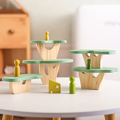 Wooden Tree Toy Pack of 15 Wood Stacking Forest Toys for Toddlers Peg Doll and Tree Sensory Toys for Kids Educational Stacking Balancing Blocks WOODEN TEETHER