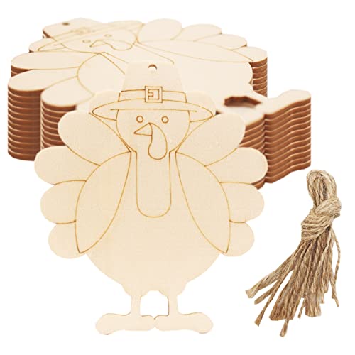 25 Pieces Thanksgiving Unfinished Wooden Cutouts Wood Turkey Shaped Ornaments Wooden DIY Crafts Hanging Gift Tags with Hole Hemp Ropes for Fall