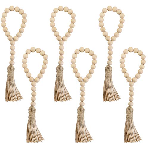 Foraineam 6 Pcs Wood Bead Garland Farmhouse Beads Rustic Country Decor Prayer Beads with Tassel for Home Car Wall Hanging Decor - WoodArtSupply