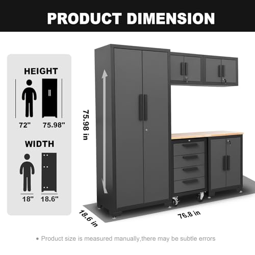 Torin AGP0112B Garage Cabinet Storage System with Lockers,Shelves and Wood Workbench, 76.8" L×18.5" W×75.79" H, Black/Grey - WoodArtSupply