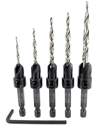 FTG USA Countersink Drill Bit Set 5 Pc Countersink Drill Bit #4#6#8#10#12 Tapered Drill Bits for Woodworking with Improved Countersink Connection - WoodArtSupply