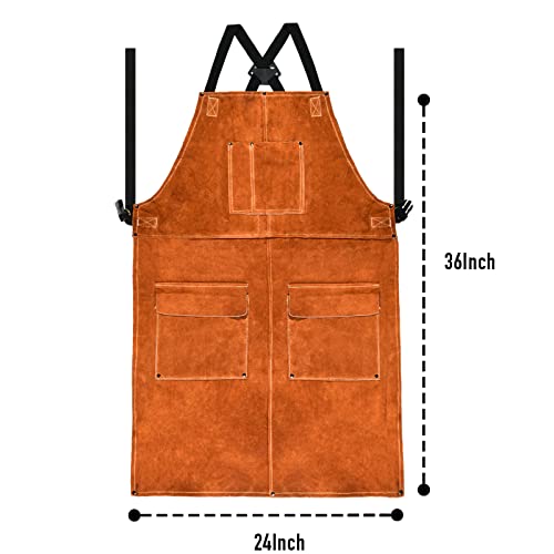 Leather Welding Work Apron,Woodworking Shop Apron,Heat Resistant & Flame Resistant Bib Apron, Flame Retardant Heavy Duty BBQ Apron, Adjustable Fit - WoodArtSupply