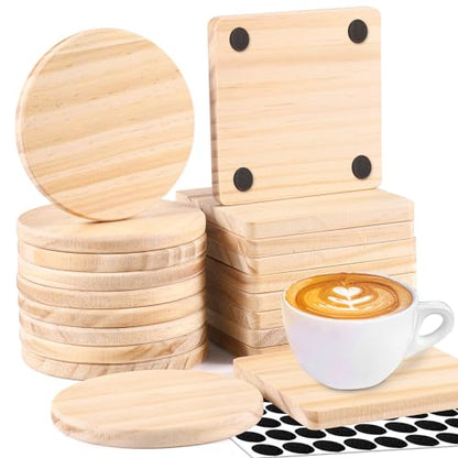 20 Pieces Unfinished Wood Coasters, 4 Inch Square and Round Blank Wooden Coasters for Crafts with Non-Slip Silicon Dots for DIY Stained Painting Wood