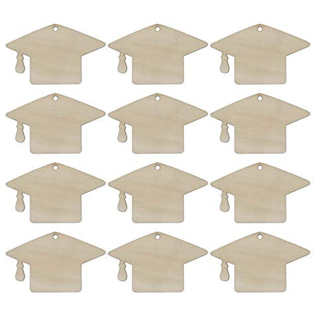 JANOU 20pcs Graduation Cap Wood DIY Craft Cutouts Grad Hat Unfinished Wood Blank Embellishments Gift Tags Ornaments with Ropes for Graduation Party JANOU
