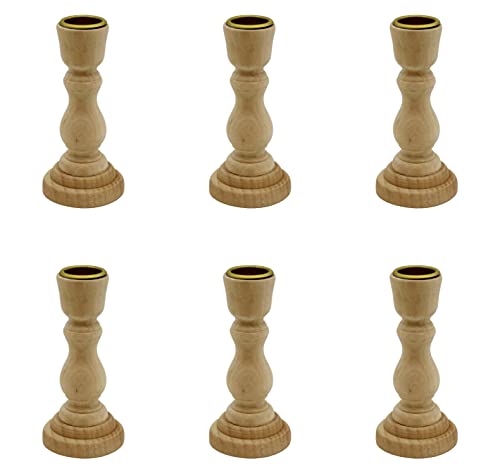 4 Inch Tall Unfinished Wooden Candlesticks with Metal Candle Holder Cup Center - Wholesale Pack of 6 Creative Hobbies