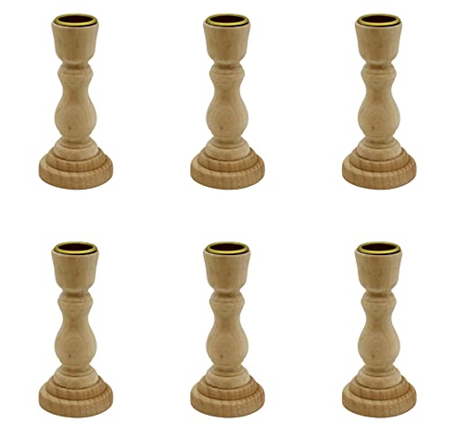 4 Inch Tall Unfinished Wooden Candlesticks with Metal Candle Holder Cup Center - Wholesale Pack of 6