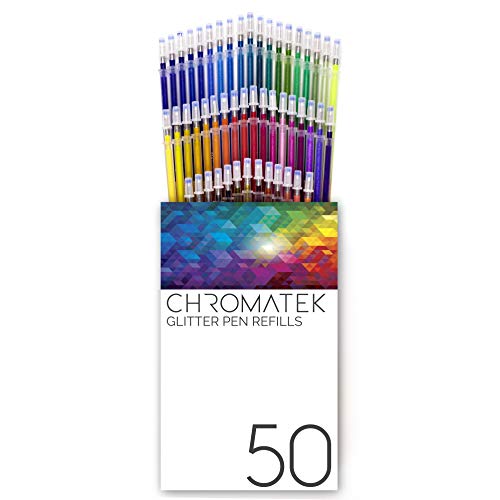 CHROMATEK Glitter Pens 100 Set Best Colors. 200% The Ink: 50 Gel Pens, 50 Refills. Super Glittery Ultra Vivid Colors. No Repeats. Professional Art CHROMATEK