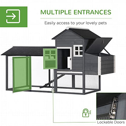 PawHut 84" Wooden Chicken Coop, Hen House Outdoor with Run Nesting Box, Asphalt Roof, Removable Tray, Ramp, Poultry Cage for 2-3 Chickens, Gray - WoodArtSupply