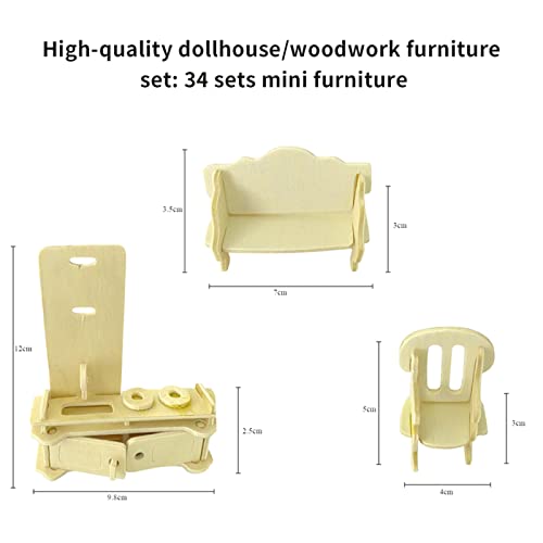 Small Furniture,Hotmisu Dollhouse Furniture and Accessories 34PCS Wooden Dollhouse Furniture Set 3D Puzzle Miniature Puzzle Doll House Furniture Kit