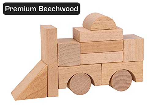 Pidoko Kids Wooden Blocks - 100 Pcs - Building Blocks for Toddlers - Includes Storage Container with Shape Sorter Lid - Natural Beech Wood Blocks - Pidoko Kids