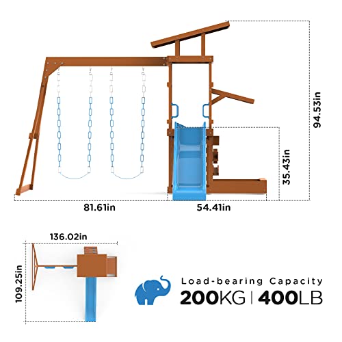 Dolphin Playground Swing Sets for Backyard with Slide, Wooden Outdoor Playset for Kids with Sandbox, Rock Climbing Wall, 2 Belt Swings, and Fort, - WoodArtSupply