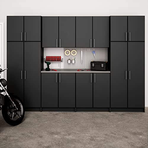 Prepac Elite Functional 8-Piece Garage Cabinets and Storage System Set G, Simplistic Garage Closet Shop Cabinets 16" D x 128" W x 89" H, Black, Prepac