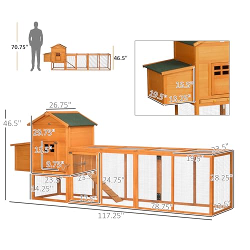 PawHut 118" Extra Large Chicken Coop with Asphalt Roof, Wooden Hen Run with Slide-Out Tray and Nesting Box, Chicken Hutch for 3-6 Chickens, Orange - WoodArtSupply