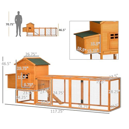 PawHut 118" Extra Large Chicken Coop with Asphalt Roof, Wooden Hen Run with Slide-Out Tray and Nesting Box, Chicken Hutch for 3-6 Chickens, Orange - WoodArtSupply