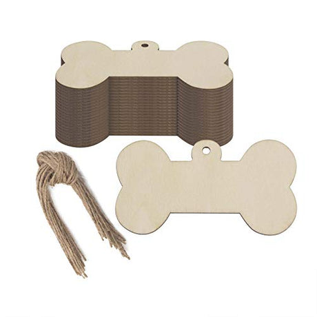 JANOU 24pcs Bone Shaped Wooden Cutouts Unfinished Wood Dog Bone Wood DIY Craft Embellishments Gift Tags Ornaments Decoration with Ropes, 4.1x2.2 in JANOU