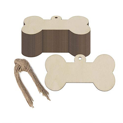 JANOU 24pcs Bone Shaped Wooden Cutouts Unfinished Wood Dog Bone Wood DIY Craft Embellishments Gift Tags Ornaments Decoration with Ropes, 4.1x2.2 in