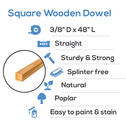 Wood Square Dowel Rods 3/8-inch x 48 Pack of 10 Wooden Craft Sticks for Crafts and Woodworking by Woodpeckers