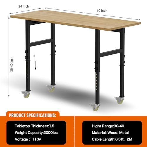 60" Adjustable Workbench, Rubber Wood Top Heavy-Duty Work Bench with Wheels, 2000 LBS Load Capacity Hardwood Worktable with Power Outlets, for Pelnuies