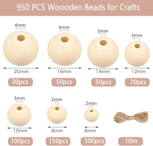 950pcs Wooden Beads for Crafts 7 Sizes Unfinished Natural Wood Beads Wooden Beads Bulk 6mm, 8mm, 10mm, 12mm, 14mm, 16mm, 20mm Beads for Garland pojah