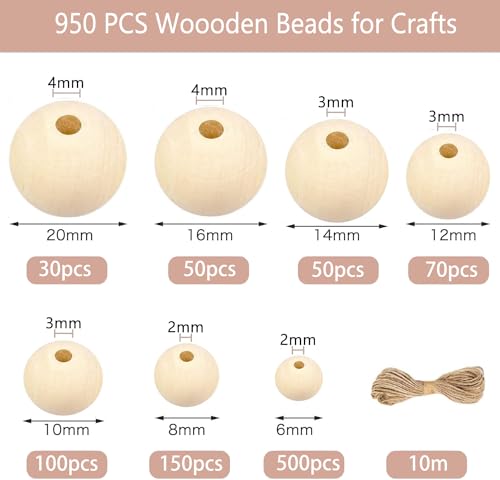 950pcs Wooden Beads for Crafts 7 Sizes Unfinished Natural Wood Beads Wooden Beads Bulk 6mm, 8mm, 10mm, 12mm, 14mm, 16mm, 20mm Beads for Garland