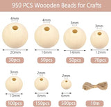 950pcs Wooden Beads for Crafts 7 Sizes Unfinished Natural Wood Beads Wooden Beads Bulk 6mm, 8mm, 10mm, 12mm, 14mm, 16mm, 20mm Beads for Garland pojah