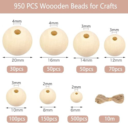 950pcs Wooden Beads for Crafts 7 Sizes Unfinished Natural Wood Beads Wooden Beads Bulk 6mm, 8mm, 10mm, 12mm, 14mm, 16mm, 20mm Beads for Garland