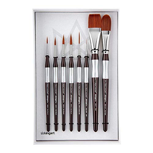 KINGART 1070C Premium Precision Mixed Media Artist Paint Brushes Set of 8, Ergonomic Comfort Short Handle, Oil, Watercolor, Acrylic Painting, Gift KINGART