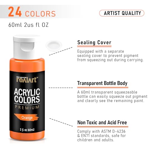 REALART Bulk Acrylic Paint 24 Colors (2oz/Bottle) with 10 Canvas and 10 Brushes Gloss Acrylic Paint Set Acrylic Paints for Canvas Painting Craft REALART