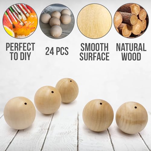 24 Unfinished Wooden Ovals with Holes, 1.7 Inch - Ideal for Wood Crafts, Wooden Beads, Wood Balls AEVVV