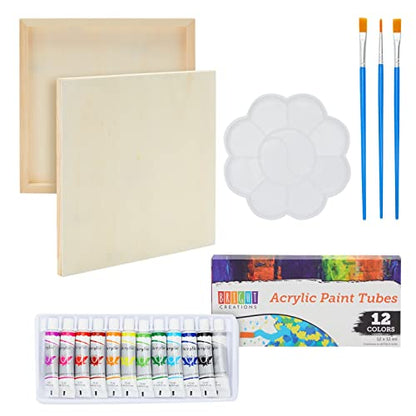 18-Piece 12x12-Inch Wooden Canvas Painting Set, 2 Natural Wood Panel Paint Boards with 12 Acrylic Paint Tubes, 3 Brushes, and 1 Plastic Palette for