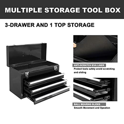 BIG RED 3 Drawer 20“ Metal Tool Box Portable Steel Tool Chest with Metal Latch Closure for Garage, Home and Workbench,Black,ANTBD133-XT - WoodArtSupply