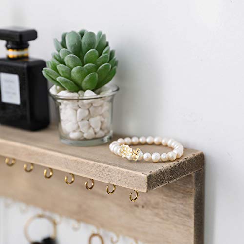 BYHER Wall Mounted Jewelry Organizer with 24 Hooks - Rustic Wood Shelf Jewelry Display - Storage for Necklaces, Bracelets, Earrings, Bows (24 Hooks) BYHER