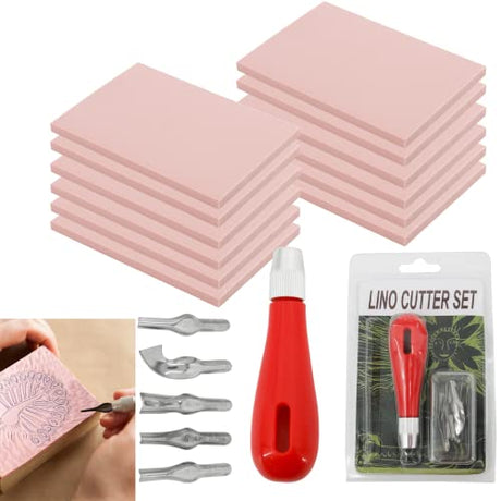 WerkWeit [12PCS] Rubber Carving Blocks Linoleum Block with Cutter Tools Stamp Making Kit Linoleum Cutter with 6 Types Blades and 12-Pack Carving WerkWeit