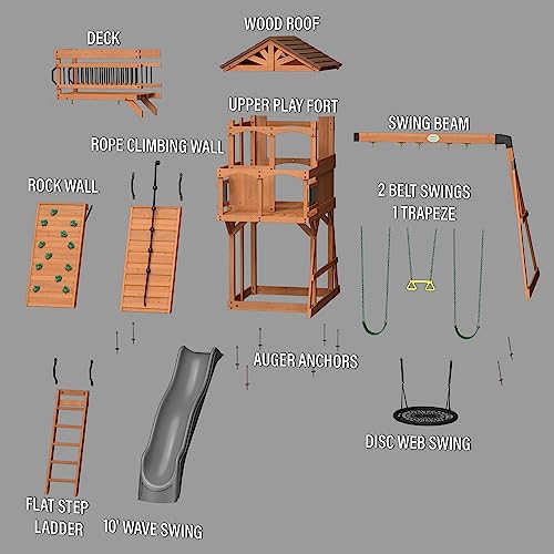 Backyard Discovery Sterling Point All Cedar Wooden Swing Set, Raised Clubhouse, Grey Wave Slide, Web Swing, Climbing Wall, 10ft Wave Slide, 2 Belt - WoodArtSupply