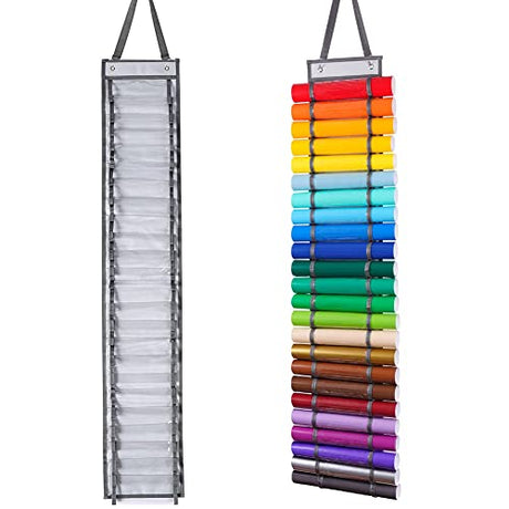 Amersis Vinyl Roll Holder with 24 Compartments and Keeper with Door Hooks and Strap, Clear Vinyl Organizers Holder Wall Mount for Home Craft Closet Amersis
