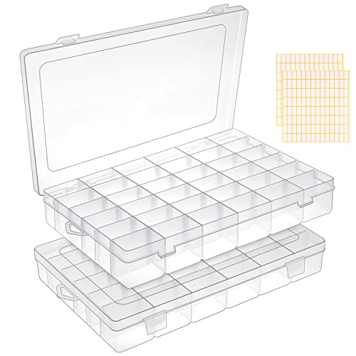2 Pack 36 Grids Clear Plastic Organizer Box, Storage Container with Adjustable Divider, Craft Organizers and Storage Bead Storage Organizer Box for