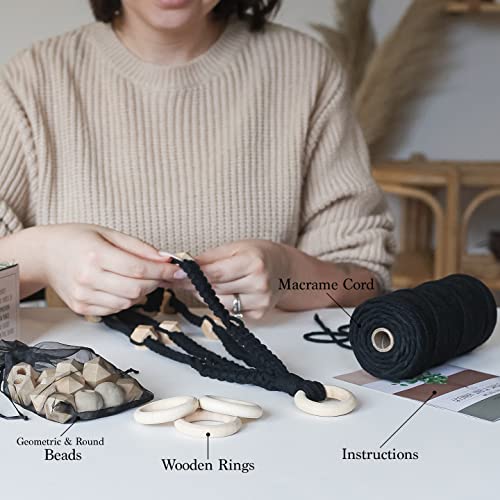 Macrame Kit-Black Edition-Makes 3 Macrame Plant Hangers with Easy to Follow Instructions for Adult Beginners - Includes 109 Yards 3mm Cotton Macrame Aesthetic Creative