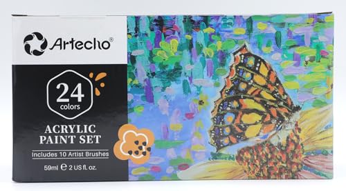 Artecho Acrylic Paint Set 24 Colors 2oz/59ml with 10 Paintbrushes