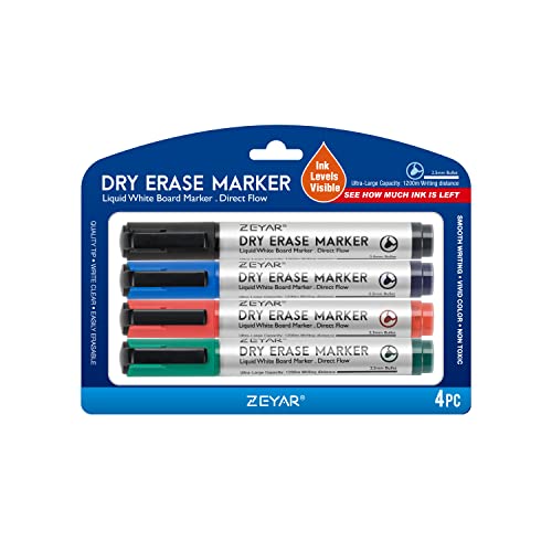 ZEYAR Dry Erase Marker Low-Odor Bullet Tip, Ultra-Large Capacity, Advanced Direct Flow Structure, Whiteboard Marker for School, Office, Home, 4 Count ZEYAR