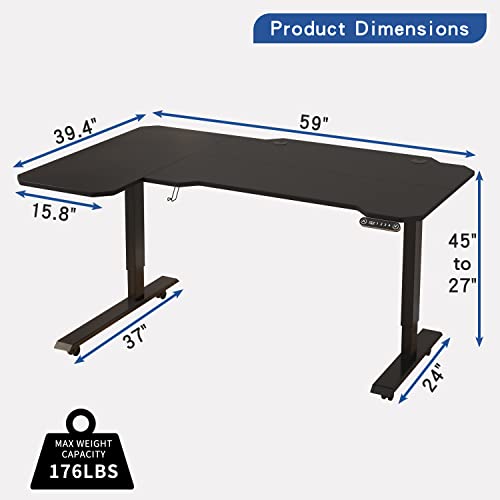 Suhapup Electric Height Adjustable Standing Desk, 59 L-Shaped Sit - Stand Desk for Work or Home Office Push Button Memory Settings Black Splice - WoodArtSupply