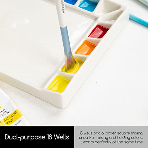 MEEDEN 18-Well Porcelain Artist Paint Palette, Mixing Art Ceramic Watercolor Paint Palette for Watercolor Gouache Acrylic Oil Painting, Rectangle 8 MEEDEN
