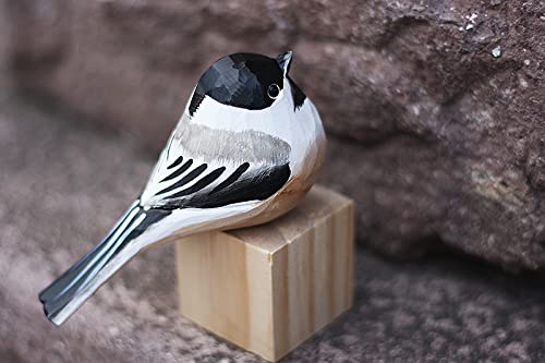 Hand Carved Wooden Black-Capped Chickadee Bird Figurine Wood Bird Statue for Home Decor - WoodArtSupply