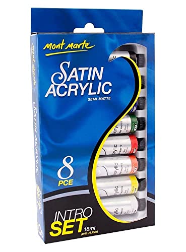 Mont Marte Premium Satin Acrylic Intro Set, 8 Piece, 0.6oz (18ml) Tubes, Semi-Matte Finish, Suitable for Most Surfaces Mont Marte